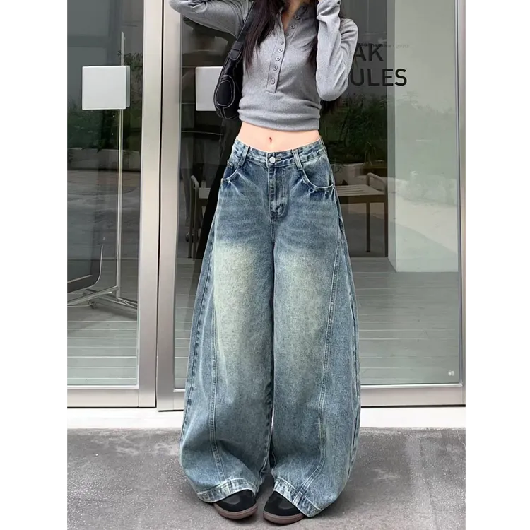 （高品质+运费险）弯刀复古蓝辣妹牛仔裤女秋季高腰宽松垂感长裤