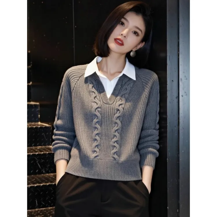 韩系气质优雅风麻花假两件针织衫女秋冬新款洋气减龄百搭显瘦毛衣
