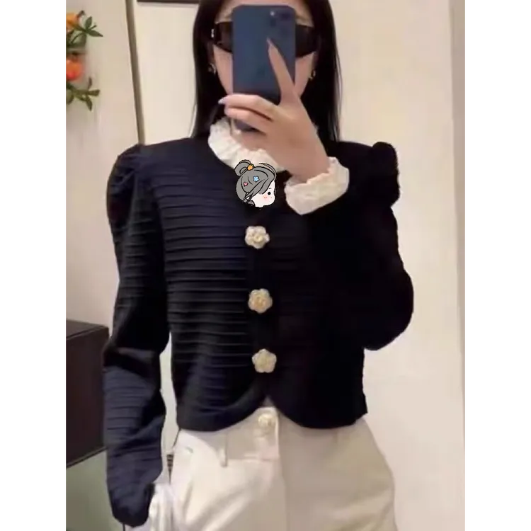 【现货秒发】-洋洋优选-秋冬新款撞色褶皱V领单排扣毛衣外套YY70321