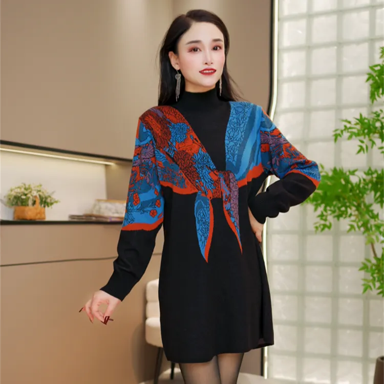 秋冬新款气质优雅撞色半高领中长版针织衫女百搭遮肉休闲毛衣打底