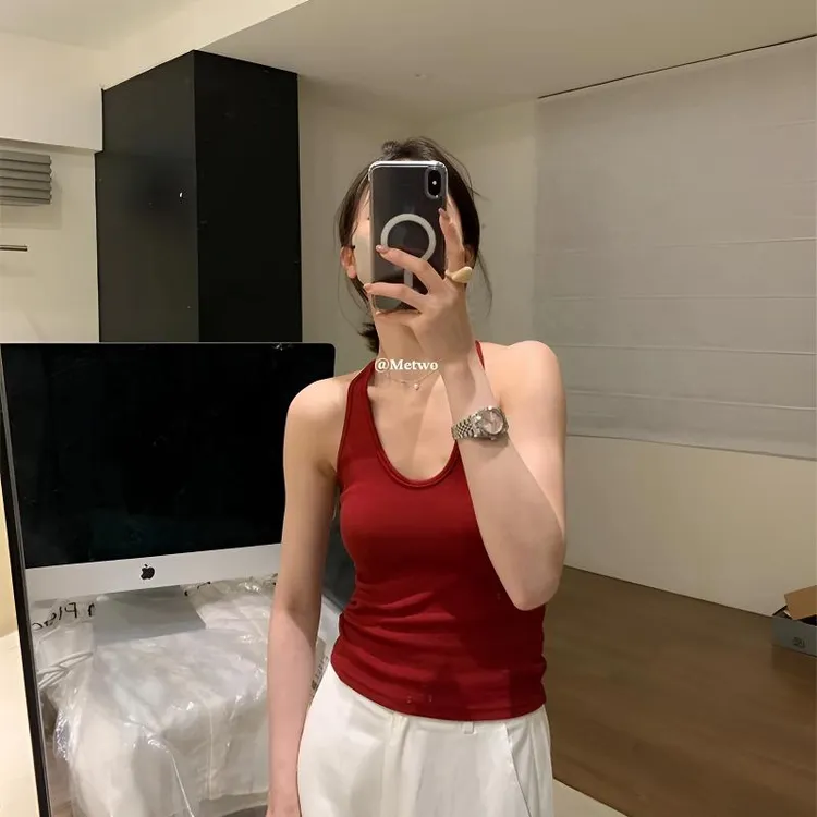 美背外穿螺纹挂脖通勤工字吊带背心舒适性感副乳打底胸垫