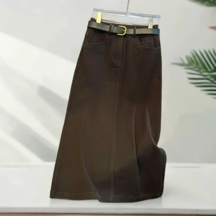 高腰牛仔半身裙女春秋季2025新款咖色a字直筒裙覆古开叉包臀裙子