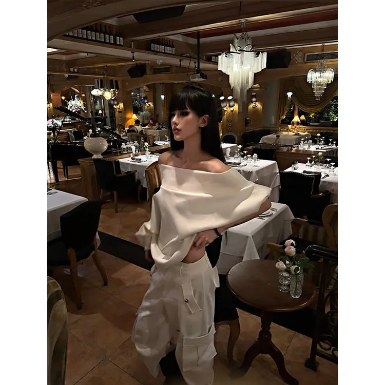 松弛老钱 2025秋季新款质感廓形斜肩长袖卫衣阔腿休闲长裤两件套 