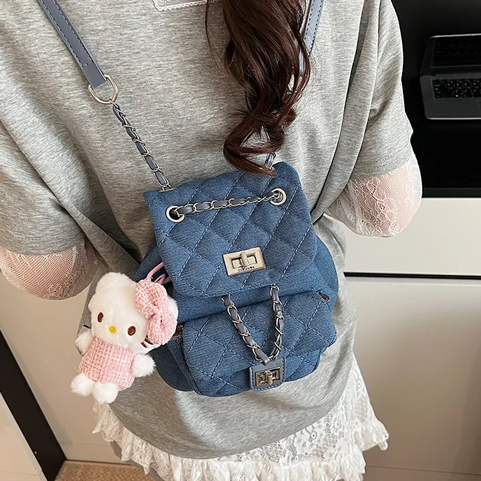 菱格绣线女式双肩包2025新款休闲牛仔布后背包迷你链条小书包2776