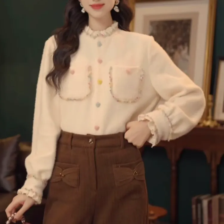 港风复古厚款衬衫宽松显瘦立领上衣气质长袖百搭衬衣