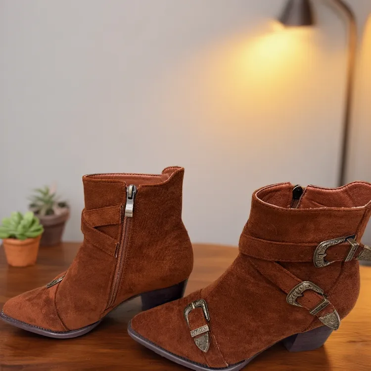 磨砂一脚蹬中跟尖头粗跟冬季短靴加绒时装靴靴子秋冬