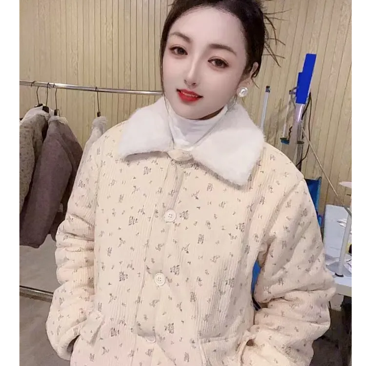 韩系小碎花雪绒花甜美系外传家居棉服加绒加厚保暖女士