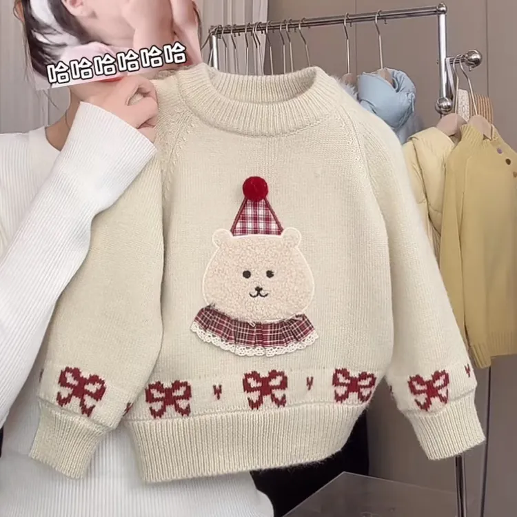 女童冬季新款针织衫卡通圆领女宝宝百搭休闲长袖保暖毛衣