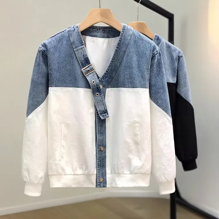 痞帅撞色牛仔外套男士秋款青年V领上衣2025爆款百搭时尚羊绒开衫