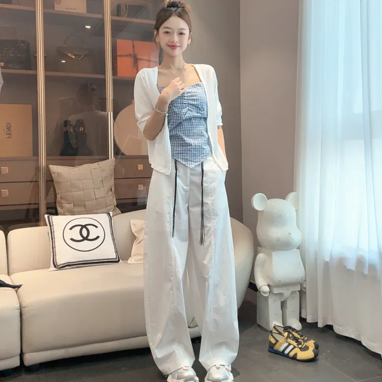白色韩系ins度假风休闲裤夏季宽松垂感拖地休闲百搭阔腿裤女薄款