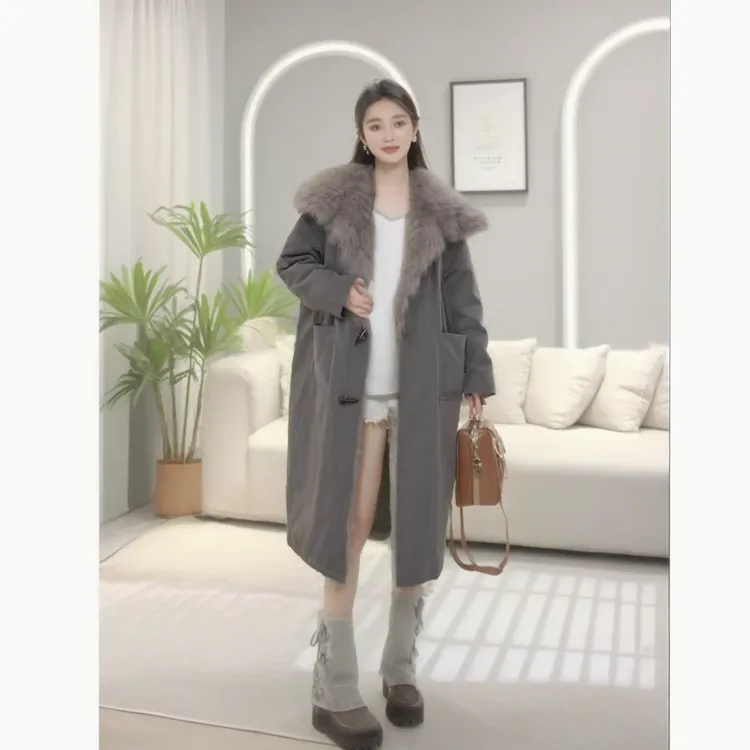 【羽绒内胆】2025秋冬新中式长款方领宽松皮草大毛领大衣羽绒服