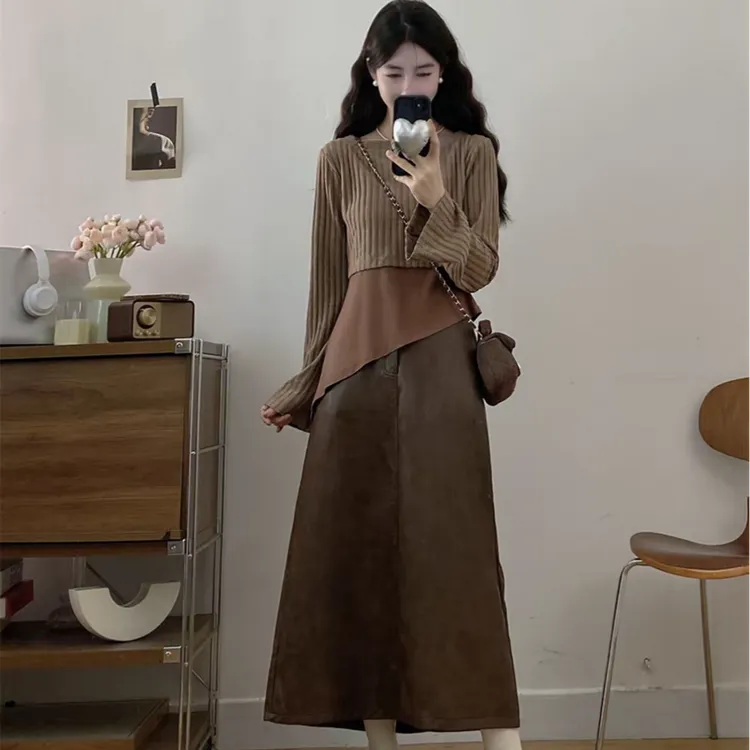 【运费补贴】微胖女装 2025年秋复古减龄时尚三件套焦糖摩卡