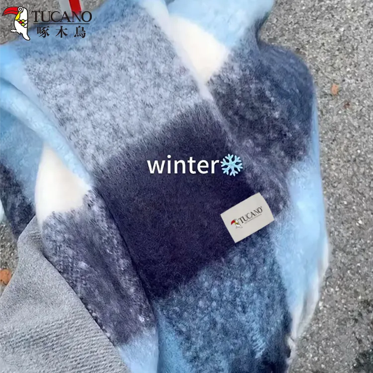 啄木鸟2025新款蓝色围巾女秋冬季韩系氛围感加大加厚保暖格子围脖