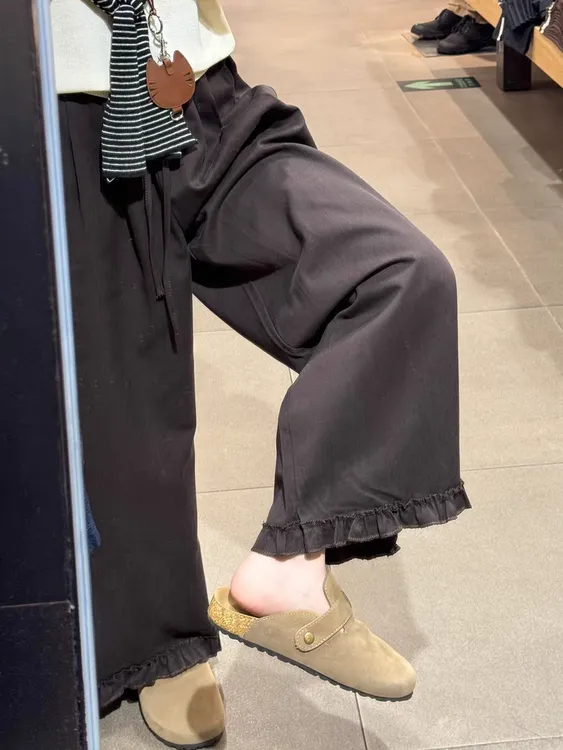 秋装花边阔腿工装灰咖色裤大码女胖mm显瘦宽松设计感梧桐休闲长裤