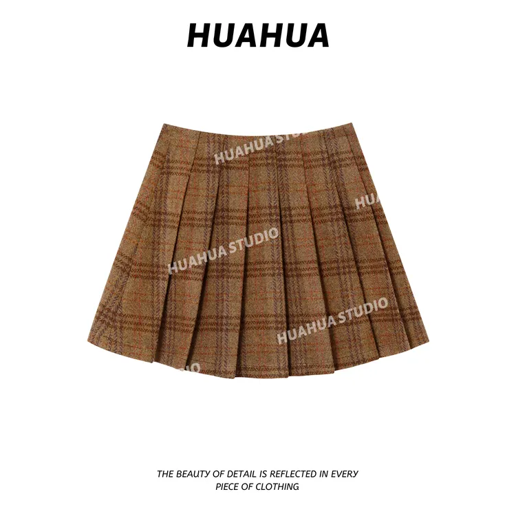 【花花】糖炒栗子~韩系百褶半身裙格子防走光A字短裙