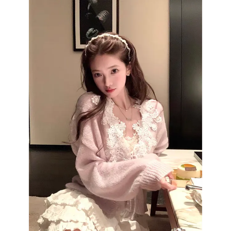 软芙蕾丝 法式蕾丝领绑带针织开衫外套百搭显瘦纯欲白色蛋糕短裙