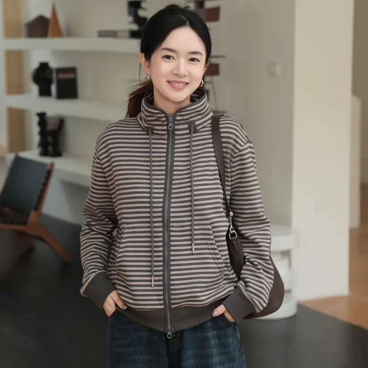 麻享【追梦·条纹拉链卫衣】汉麻棉琥珀流光风拼接立领女FSY51167