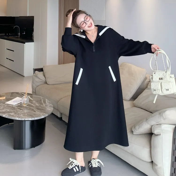 媛子大码连帽撞色连衣裙洋气秋季新款胖mm遮肉显瘦极简风优雅女装