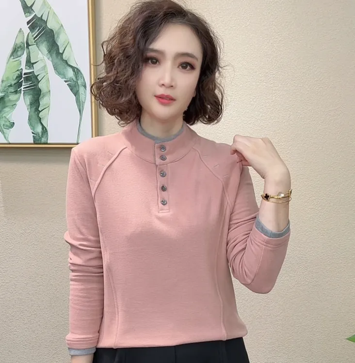 2025冬季新款百搭洋气时尚纽扣款双面绒拼接纯色长袖上衣卫衣#257