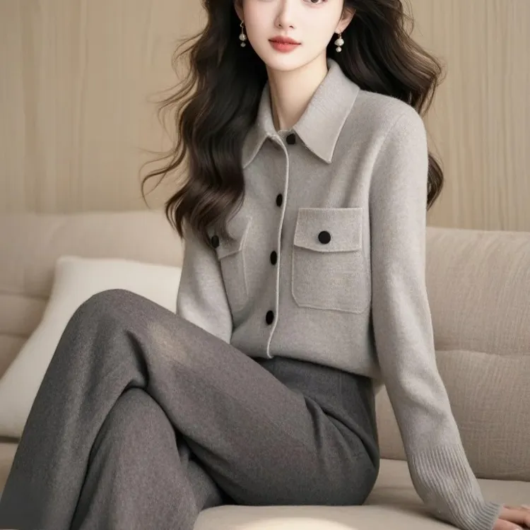 高级感慵懒软糯灰色毛衣外套女2025春秋季新款气质POLO领针织开衫