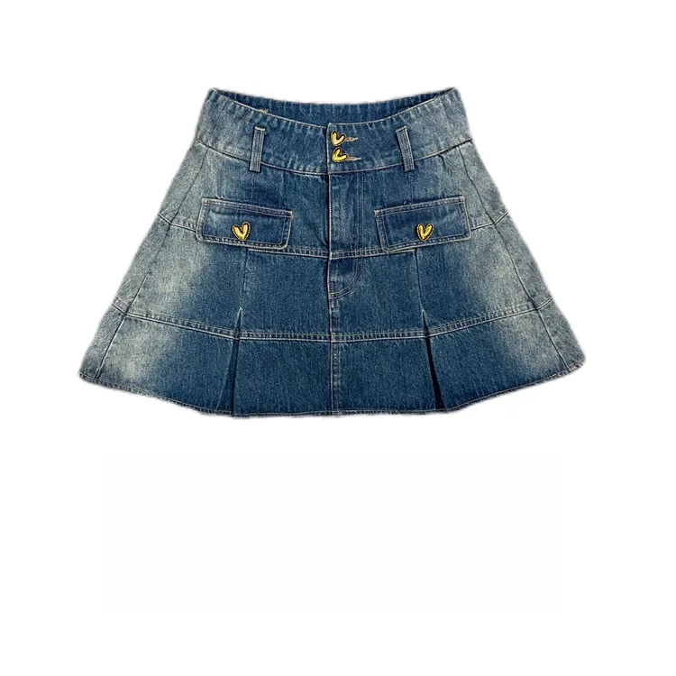 夏季时尚百搭牛仔裙高腰复古百褶牛仔半身裙遮肚显瘦设计感a字裙