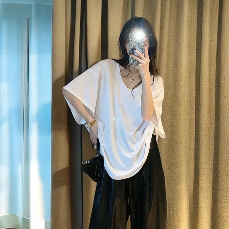 松弛感慵懒风宽松大V领口纯色基础款百搭短袖T恤上衣女夏季