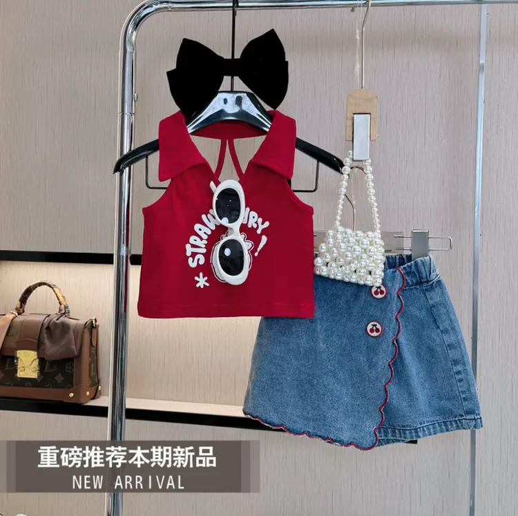 女童夏季新款翻领背心套装洋气女宝宝牛仔短裤裙T恤两件套