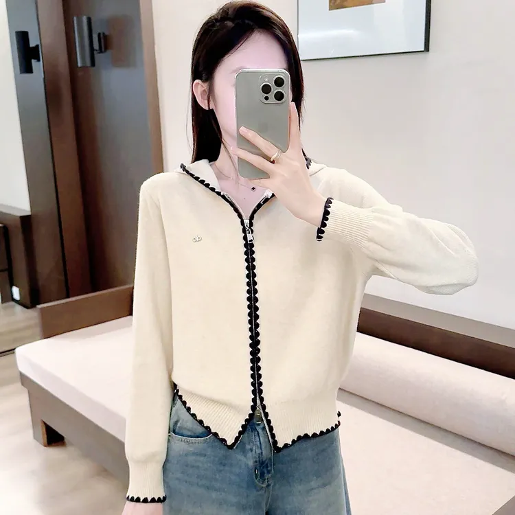 新款帽衫针织衫女小香风时尚秋季连帽拉链小众设计款毛衣韩系减龄