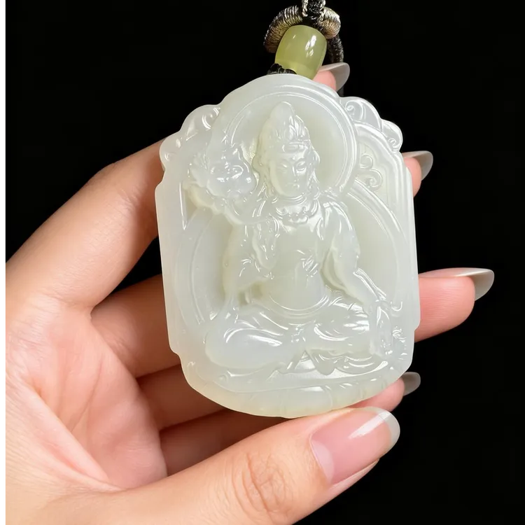 和田玉天泰白玉观音双面雕刻观音吊坠精雕