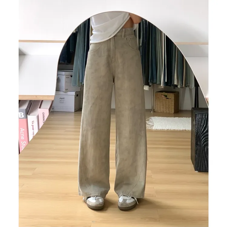 复古高腰显瘦阔腿牛仔裤女2025夏季新款扎染印花小众直筒拖地裤子