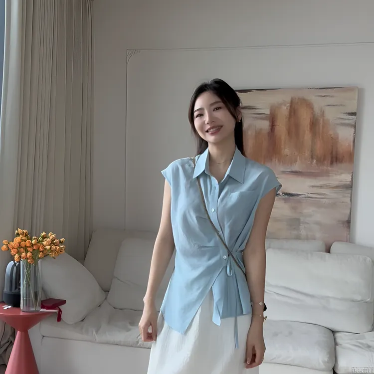 【余欢欢】夏季休闲百搭显瘦收腰系带不对称翻领衬衫-YHW50534