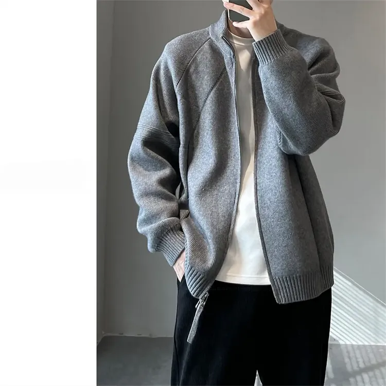 韩系极简风针织外套男装秋冬季休闲宽松大码简约立领针织开衫毛衣