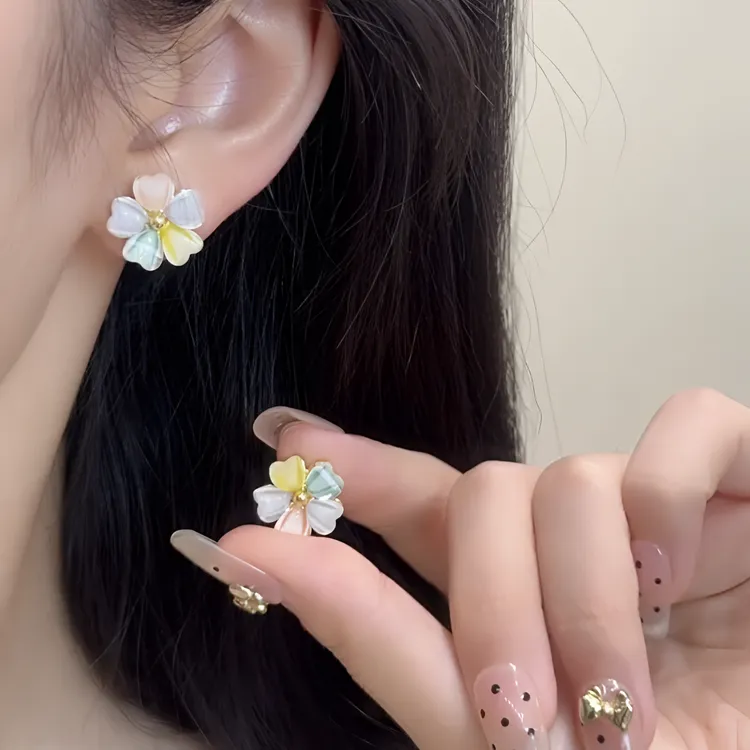 铜合金耳饰 森系五彩花朵耳钉女春夏轻奢高级感耳环气质百搭耳饰 