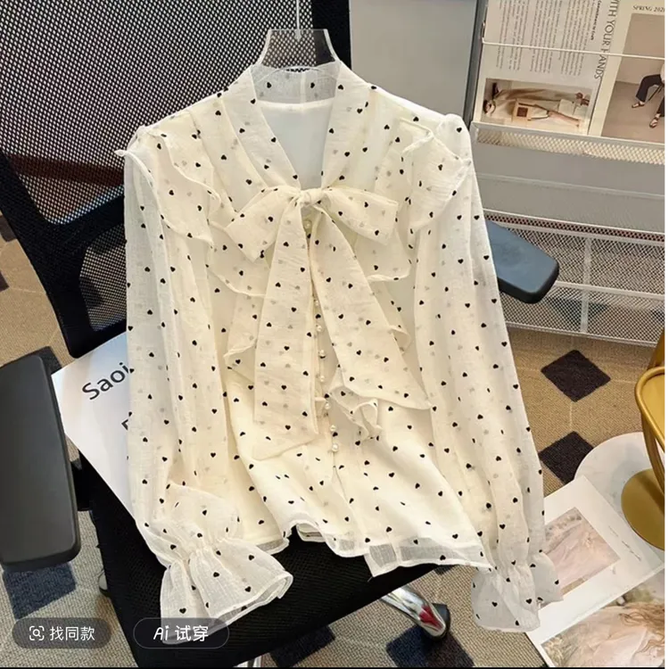 法式波点雪纺上衣女春蝴蝶结小衫气质名媛甜美荷叶边泡泡长袖衬衫