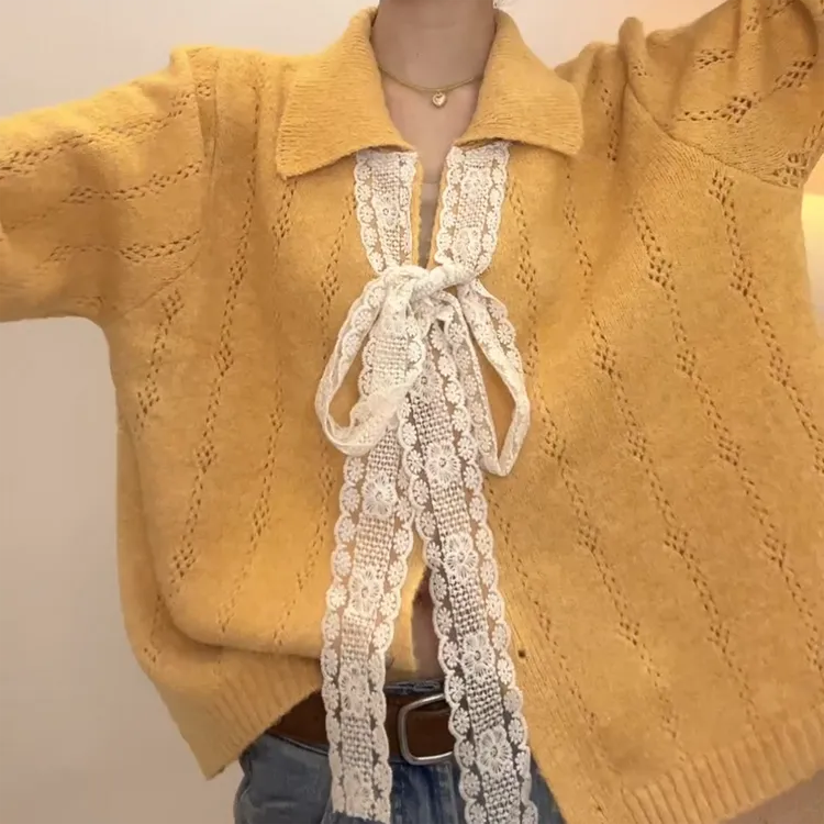 系带蝴蝶结V领羊毛混纺毛衣开衫洋气减龄秋季针织衫女C5971