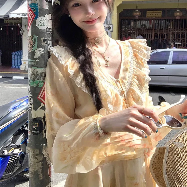 溪溪靓衫长岛冰茶/中长款印花雪纺长袖v领连衣裙女早秋法式复古裙