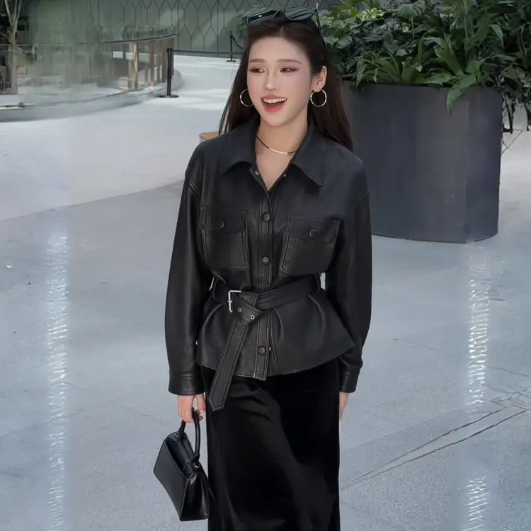 拉夏贝尔时尚高级感皮衣早秋新款气质显瘦系带皮外套百搭上衣