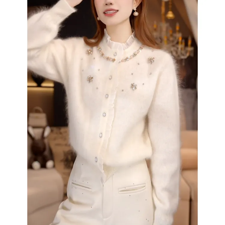 法式温柔重工串钻蕾丝拼接气质针织开衫女2025冬新款时尚洋气上衣