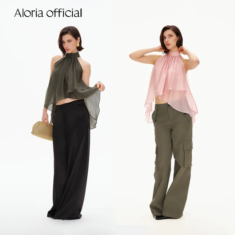 Aloria official 天丝挂脖宽松双层蕾丝飘带不规则层次上衣