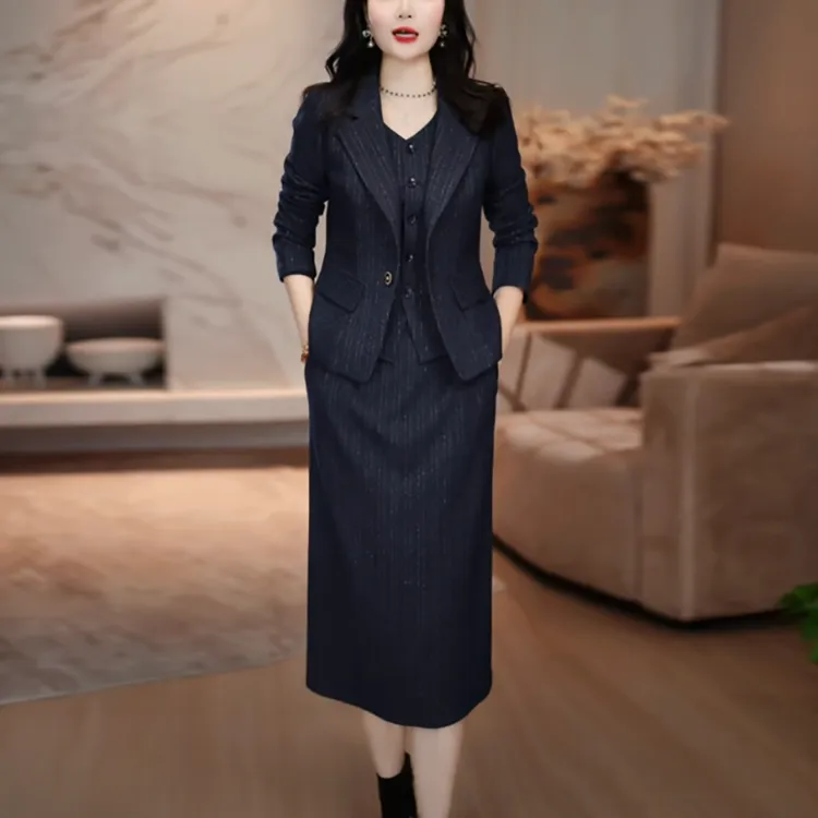 色织磨毛精纺气质轻奢高级感女装2025秋冬新款时尚显瘦连衣裙套装