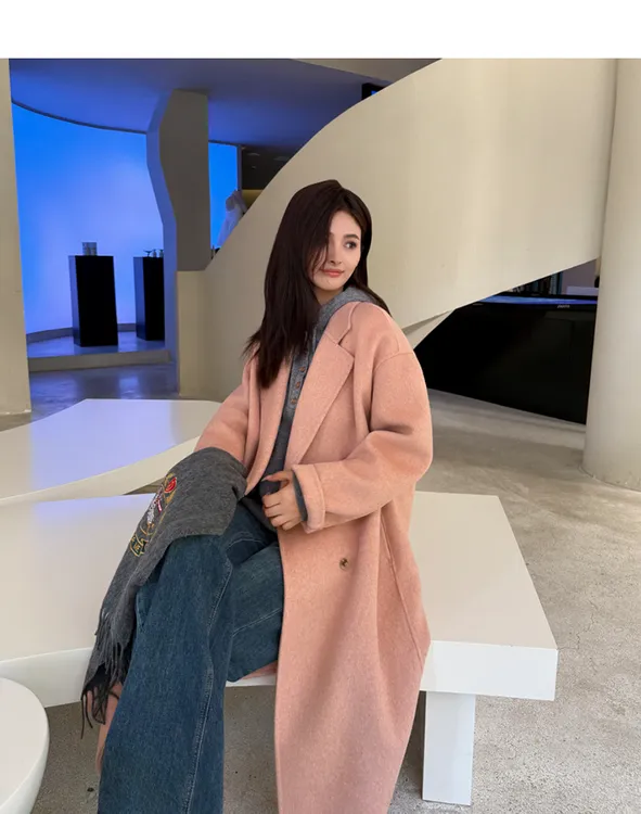 伊迪卡双面羊毛大衣戗驳领韩系宽松毛呢外套大衣秋冬小个子中长款