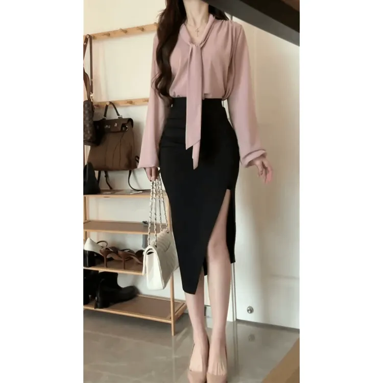 2025春季新款法式气质百搭V领飘带衬衫设计感高腰显瘦开叉半身裙