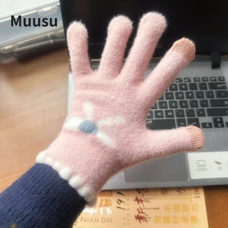 【Muusu】可爱蝴蝶结手套冬季保暖户外骑行分指触屏百搭手套