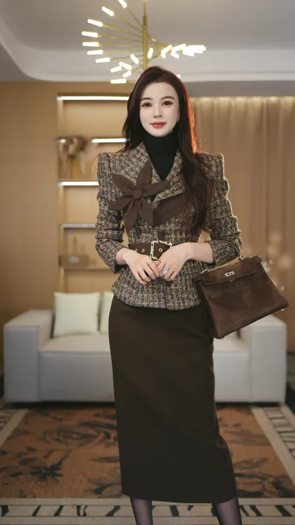 罗曼定制 高定原创冬季新款2025长袖厚款上衣+包臀裙两件套装女