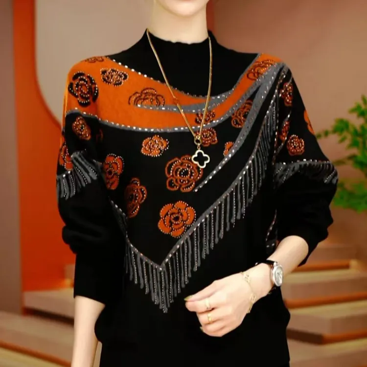 2025秋冬新款设计感女士洋气拼色针织打底衫气质减龄显瘦套头上衣