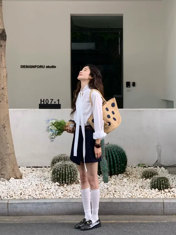 法式气质套装飘带V领长袖衬衫女春夏季高腰短裙半身裙时尚两件套