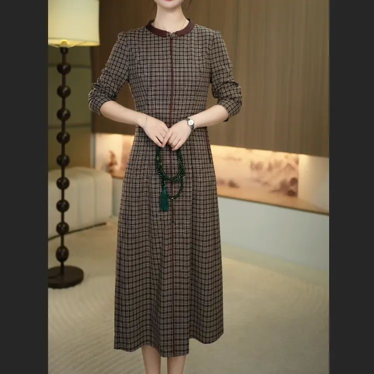 【暖晴川】秋季新款新款新中式假两件中长款气质连衣裙
