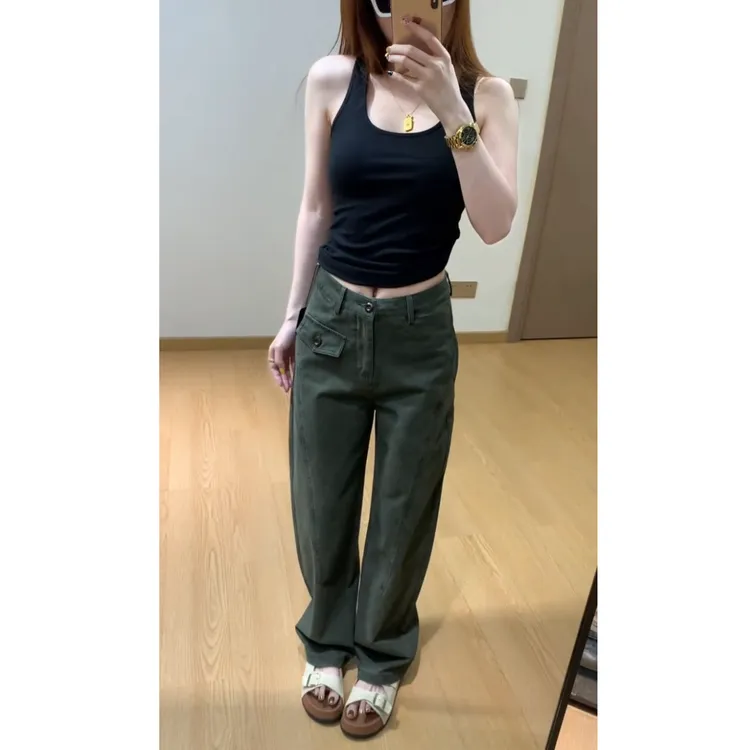 夏季新款高腰显瘦大码阔腿高腰显瘦工装牛仔裤