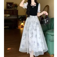 【RG6050】2025年新款蕾丝显瘦气质高腰时尚夏季法式拼接碎花连衣裙