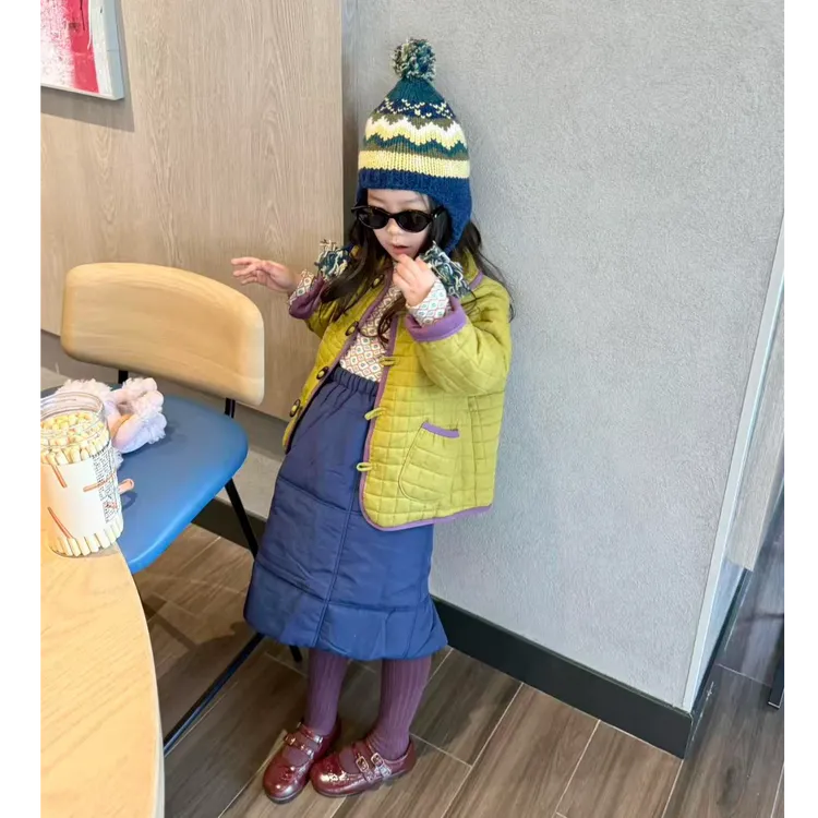 壹妈童装秋冬新款女童套装草绿色夹棉外套洋气复古蓝色夹棉半裙